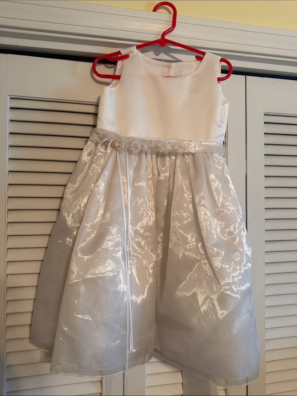 Sweet Pea White Satin & Shimmery Organza Flower-Trim Girls' Dress